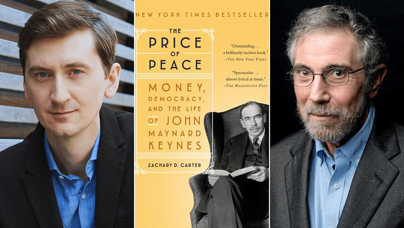 Headshots of Carter and Krugman alongside cover of Keynes biography